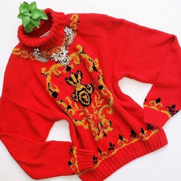 Vintage Liz Claiborne Red Gold Silk Cotton Ornate Regency Turtleneck Sweater M - Picture 2 of 8